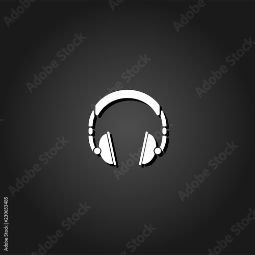 Headphone icon flat. Simple White pictogram on black background with shadow. Vector illustration symbol