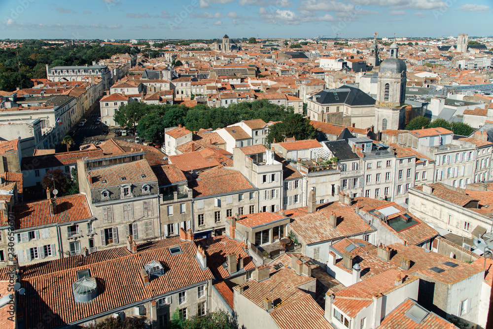 La Rochelle old city viewed from high point with lots of tiled roofs