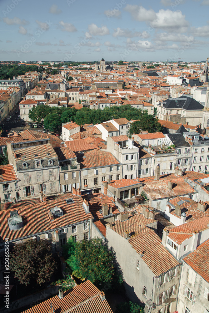 La Rochelle old city viewed from high point with lots of tiled roofs