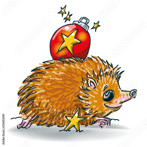 Igel mit Weihnachtskugel auf dem Rücken
