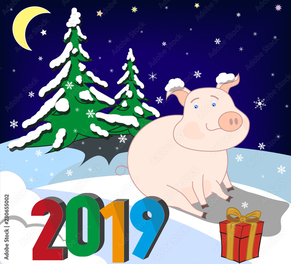 A pig - symbol of the Chinese new 2019 - sitting on a background of snow-covered fir trees on New Year's Eve. Vector illustration.