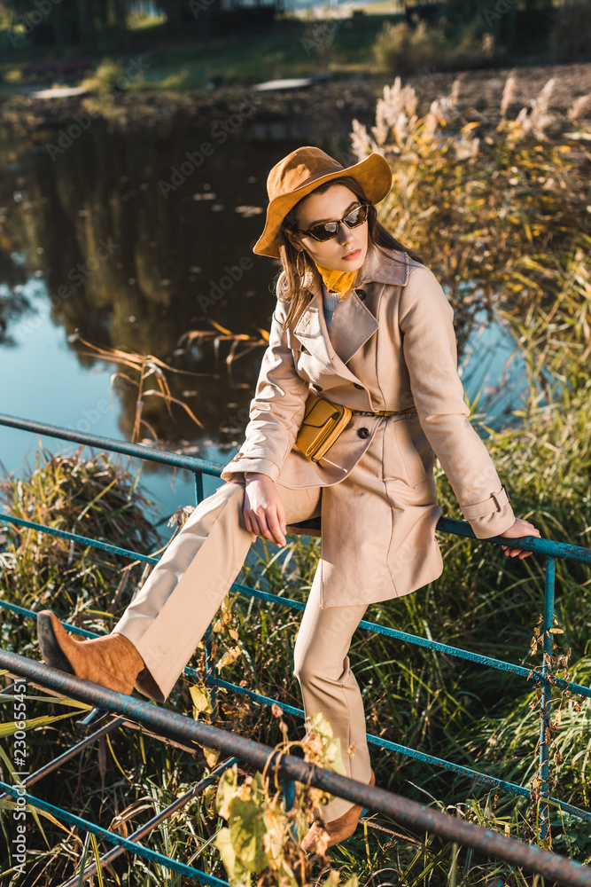 attractive woman in sunglasses, trench coat and hat sitting on railing near pond in park