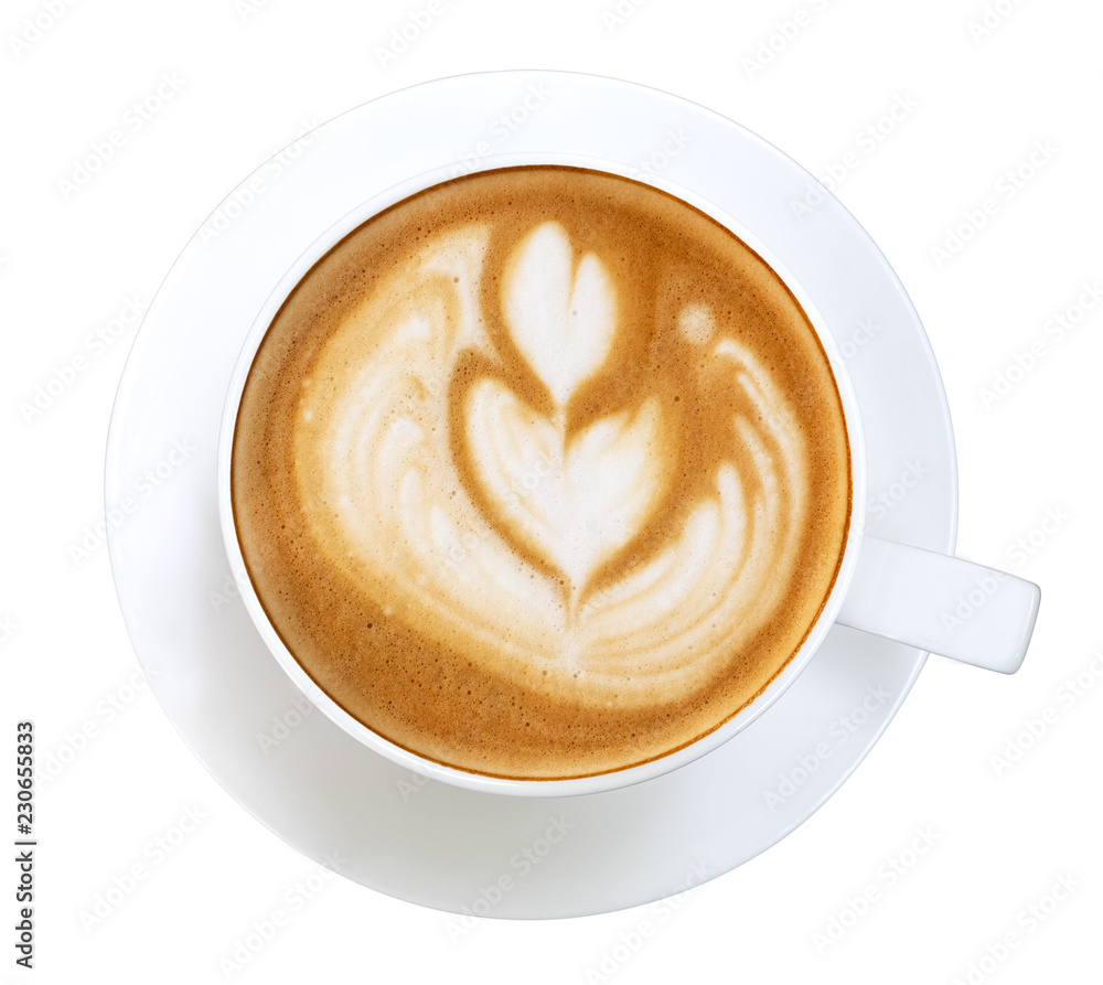Hot coffee cappuccino latte art tulip shape top view isolated on white background, clipping path included Hot coffee cappuccino latte art tulip shape top view isolated on white background, clipping path included