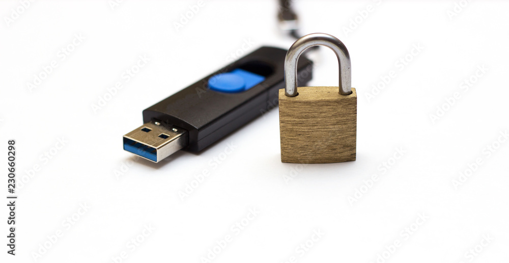 The concept of information storage. Padlock and usb flash drive. locked  closed padlock with usb memory stick through it isolated on white  background Stock Photo | Adobe Stock