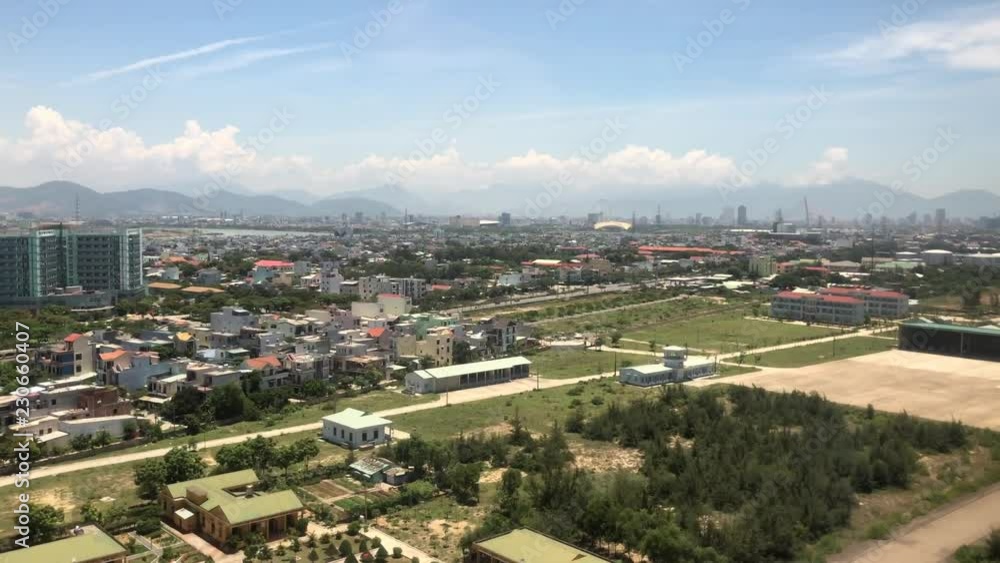 Helicopter landing in Da Nang city, Vietnam. View from passenger cabin Helicopter landing in Da Nang city, Vietnam. View from passenger cabin