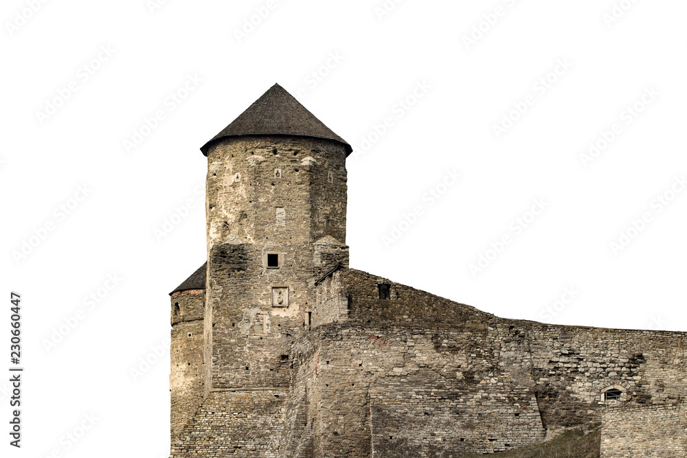Kamianets Podilskyi fortress built in the 14th century isolated on white background Kamianets Podilskyi fortress built in the 14th century isolated on white background