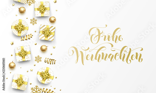 Frohe Weihnachten Merry Christmas golden German greeting card of gold gifts, stars confetti and snowflakes. Vector premium Weihnachten German Christmas calligraphy lettering text on golden background © Ron Dale