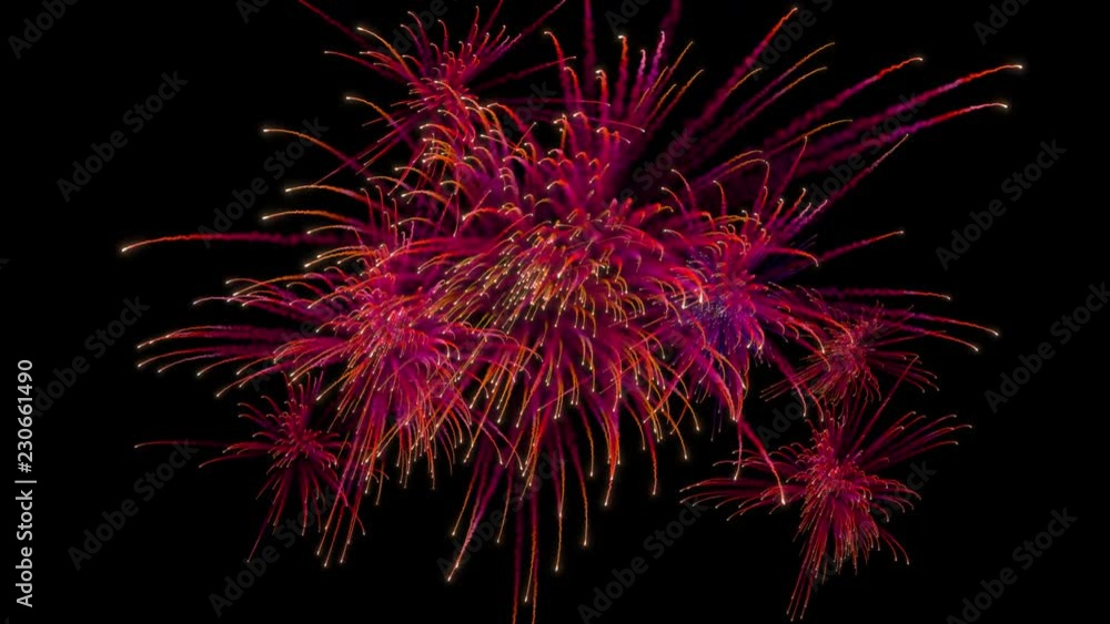 Multiple firework explosions with trails. Separated on pure black background, contains alpha channel. Multiple firework explosions with trails. Separated on pure black background, contains alpha channel.