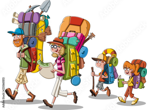 Cartoon family with big backpacks. People carrying camping gears. 