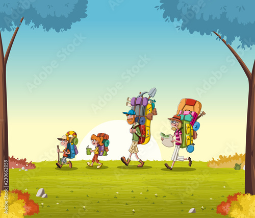 Cartoon family with big backpacks on green park. People hiking on nature background.