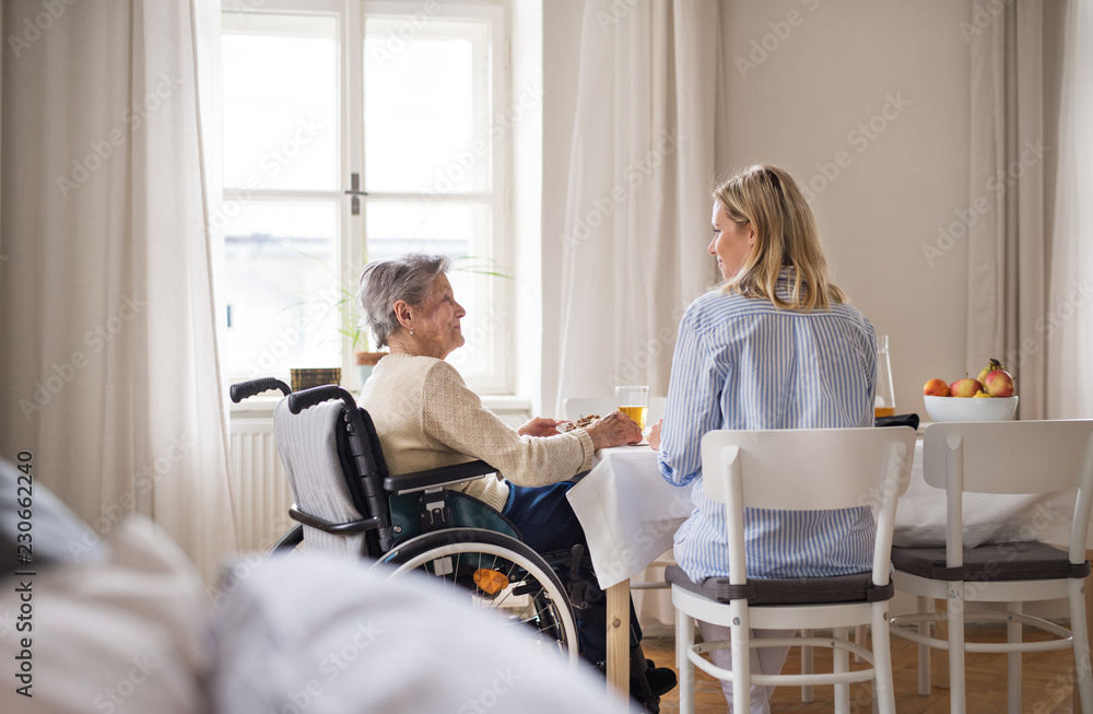 A senior woman in wheelchair with a health visitor sitting at the table at home.