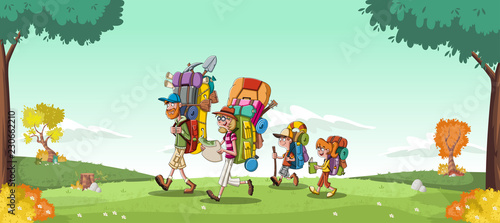 Cartoon family with big backpacks on green park. People hiking on nature background.