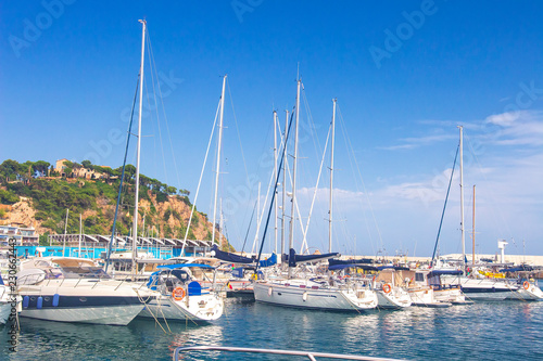Sail Boats and yachts parked at docks of Blanes, Costa Brava, Spain