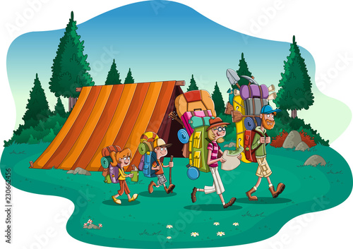 Fototapeta Naklejka Na Ścianę i Meble -  Cartoon family with big backpacks. People carrying camping gears. 