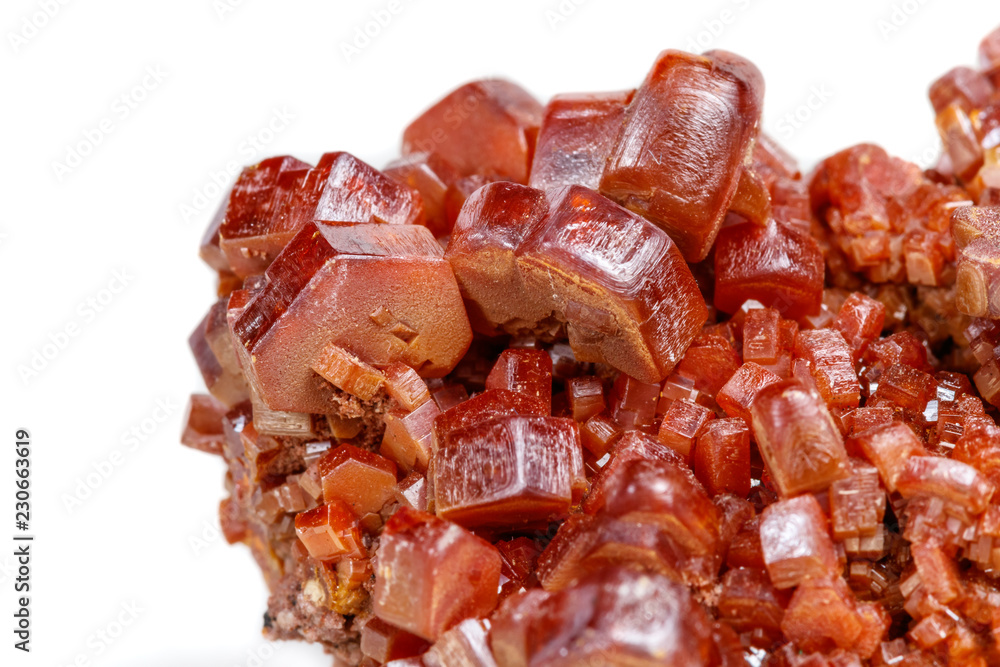 Macro mineral stone Vanadinite on a white background Macro mineral stone Vanadinite on a white background