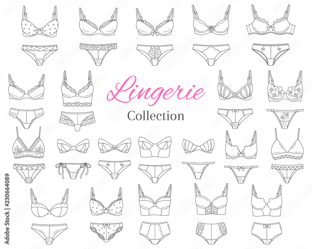 Fashionable female lingerie collection, vector sketch illustration. - obrazy, fototapety, plakaty 