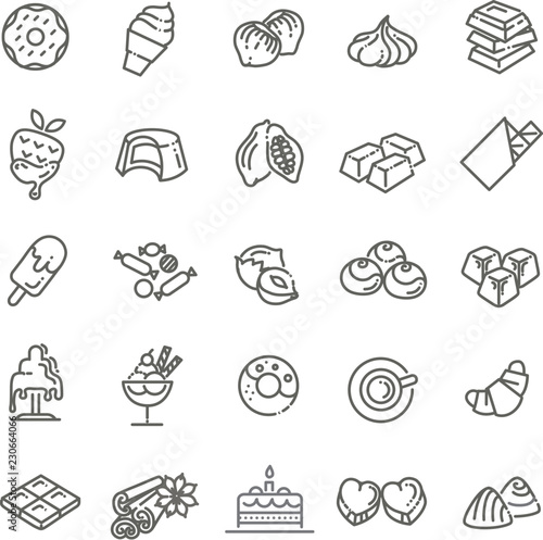 Set vector line icons in flat design chocolate  dessert  cacao and candy
