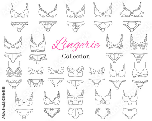 Fashionable female lingerie collection, vector sketch illustration.