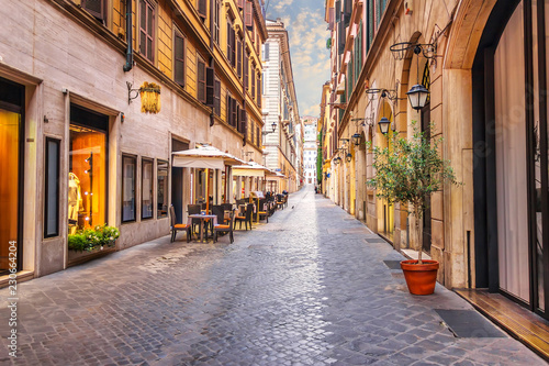 Famous Italian street Via Borgogna with shops and restaurants, Rome, no people photo