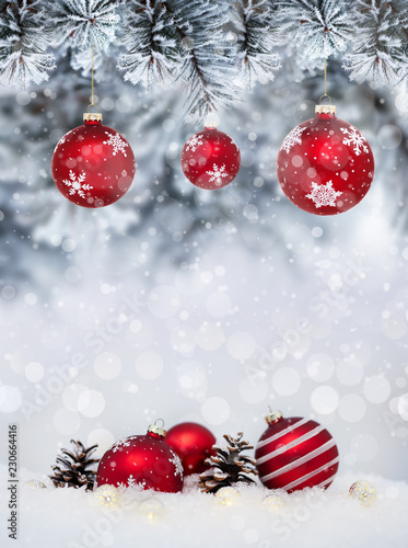 Christmas banner with red baubles with snowflakes