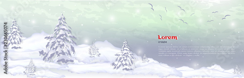 realistic composition of winter forest and white snow. vector banner, web header of winter pines, Christmas trees and white snow. realistic winter background with text.