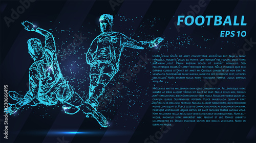 Football of blue glowing dots. Football players are fighting for the ball.