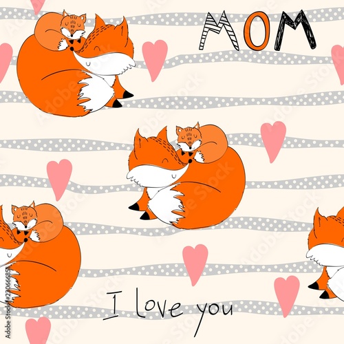 Seamless pattern. Vector fox mom and baby