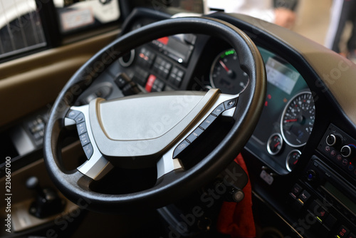 bus driver's place with steering wheel
