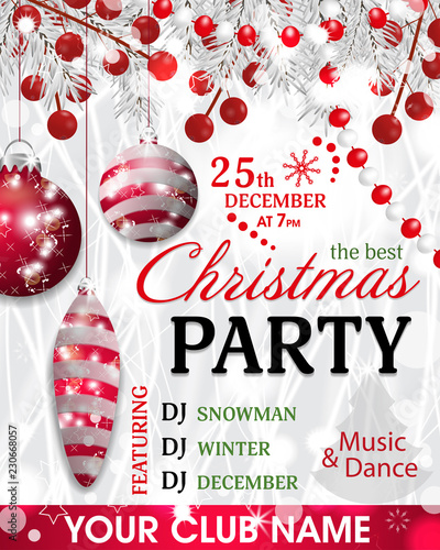 Christmas party invitation template background with fir white branches, beads and holly berry and red baubles. Vector illustration.
