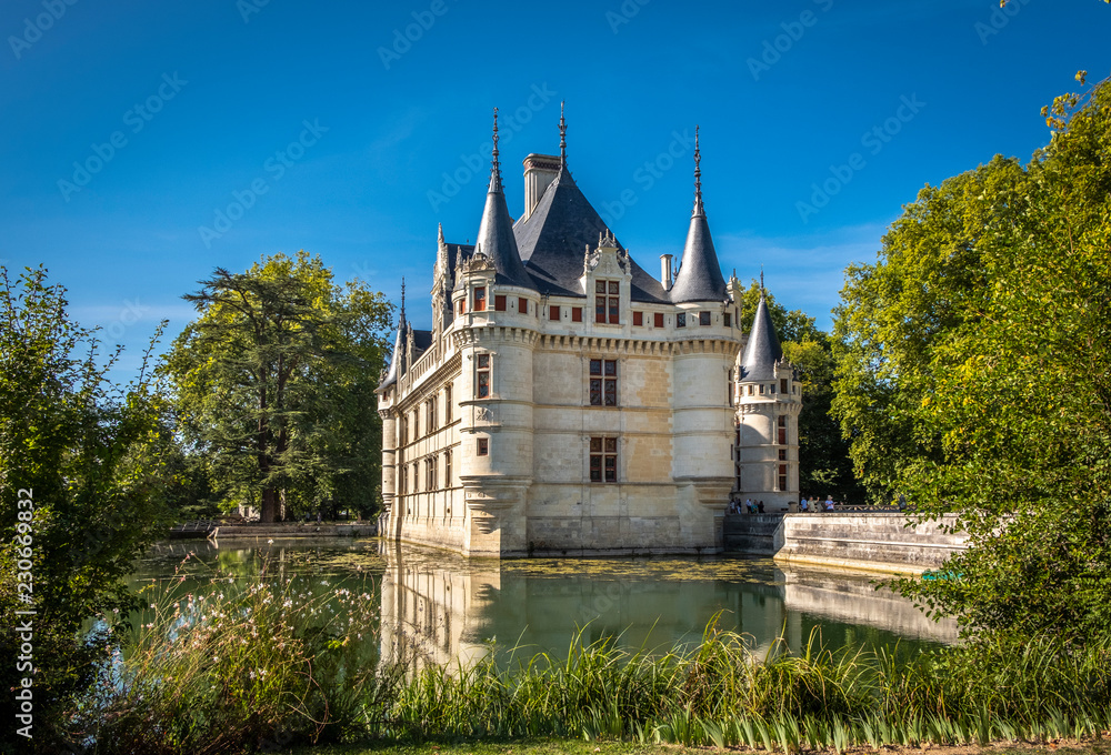View on beautiful Chateau d’Azay-le-Rideau at sunny day, Loire valley, France