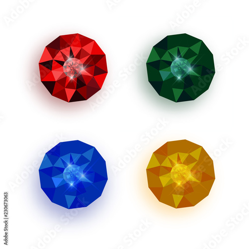 Set of multicolored gemstones. Ruby, amber, emerald and sapphire. Realistic vector illustration.