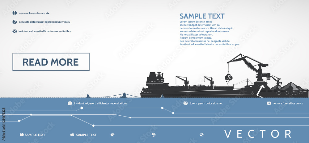 Dry cargo ship on the pier and port cranes loaders, infographics. - obrazy, fototapety, plakaty 