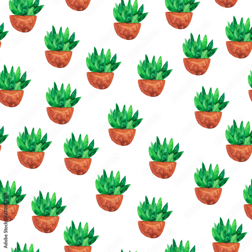 Seamless pattern with doodle green flowerpots witn succulents on white background. Hand drawn watercolor illustration. Seamless pattern with doodle green flowerpots witn succulents on white background. Hand drawn watercolor illustration.