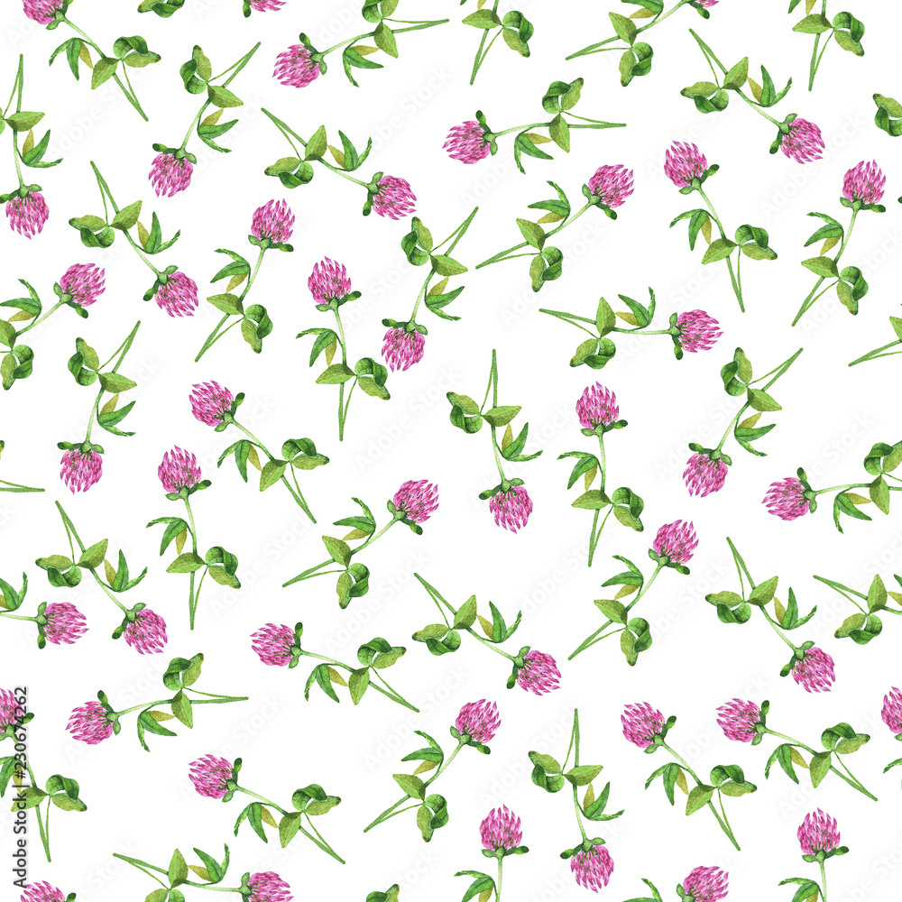 Seamless pattern with clover flowers on white background. Hand drawn watercolor illustration. Seamless pattern with clover flowers on white background. Hand drawn watercolor illustration.