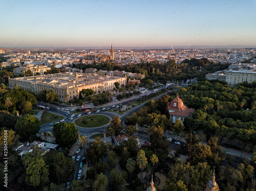 Seville.  Aerial drone Seville (Sevilla), Spain.  University of Seville and the famous Gothic Cathedral of Seville are pictured
