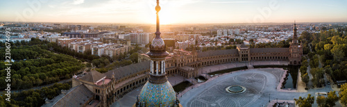 Plaza de España at Sunrise.  Aerial drone photo of the famous Plaza de España in Seville (Sevilla), Spain.