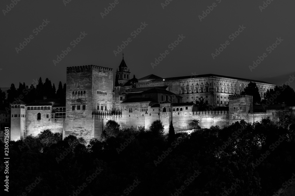 The Royal Alhambra Palace at night.  Medieval fortress castle in Granada, Spain