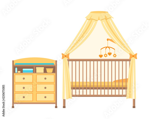 Baby cot and changing table. Isolated on white background. Vector illustration.
