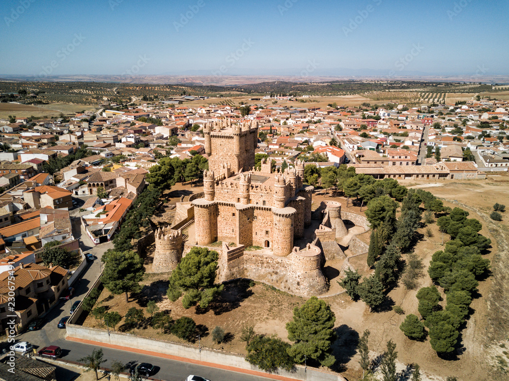 Aerial drone photograph of Guadamur castle, Spain.  A medieval fortress outside the city of Toledo
