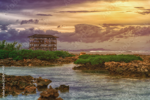 Beautiful sunset on the beach for surfers Cloud 9, Siargao Island, the Philippines