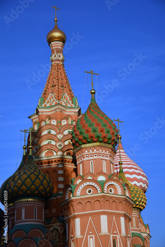 Saint Basils cathedral on the Red Square in Moscow. Blue sky background.