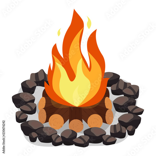 Bonfire, burning woodpile and round of stones, campfire or fireplace