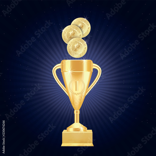 Golden realistic Trophy cup or goblet with number one, laurel wreath on textured gilded stand on dark blue background with stars. Vector illustration