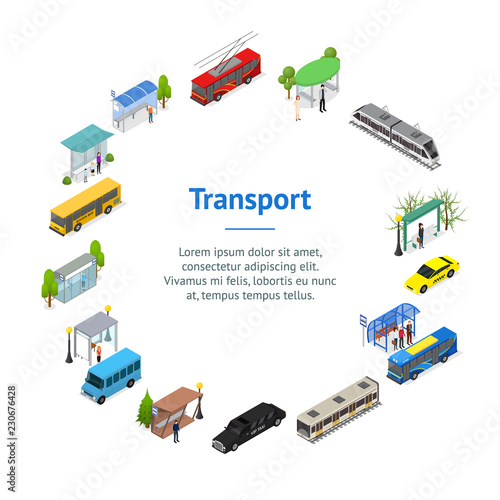 Different Types City Public Transport 3d Banner Card Circle Isometric View. Vector
