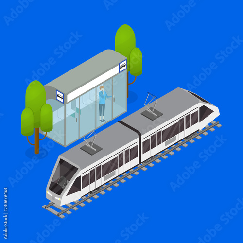 City Public Transport Tram 3d Isometric View. Vector