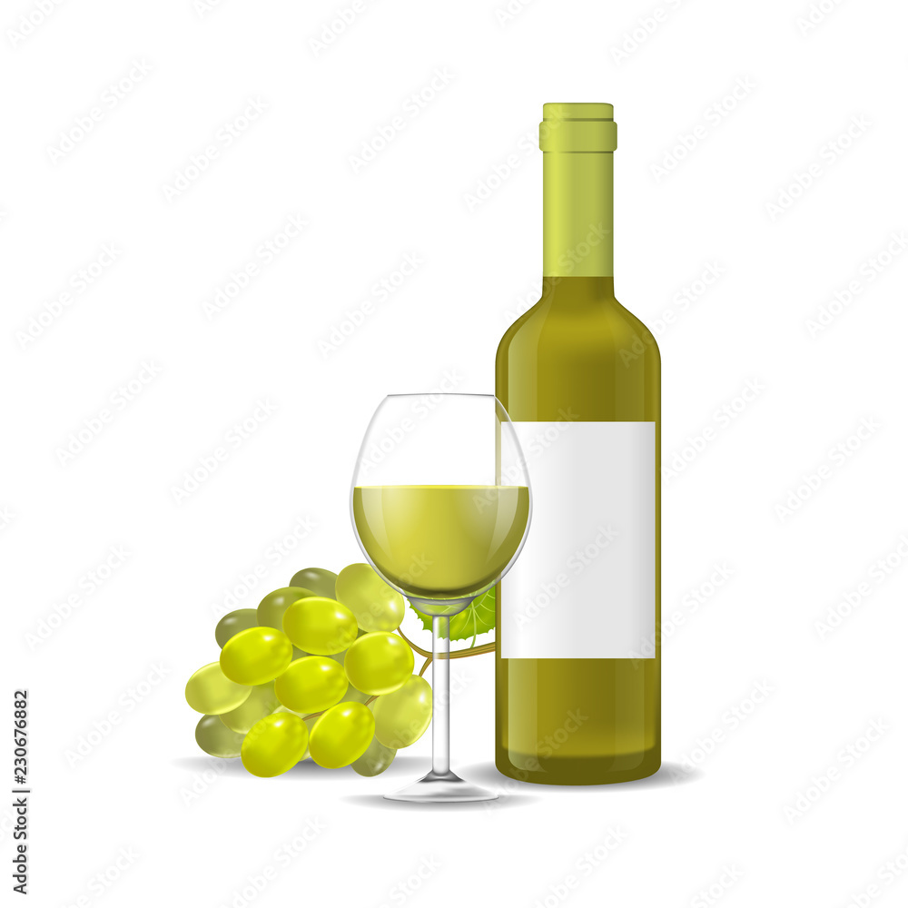 Realistic Detailed 3d Wine Bottle, Bunch Of Grapes and Wineglass. Vector Realistic Detailed 3d Wine Bottle, Bunch Of Grapes and Wineglass. Vector