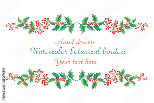 Watercolor decorative christmas botanical borders