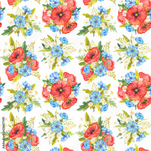 Flower pattern in watercolor style. Beautiful seamless pattern with poppies  cornflowers and wild herbs. Can be used as a background template for wallpaper  printing on fabrics.