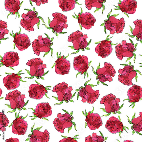 Seamless pattern with red rose flowers and leaves on white background. Hand drawn watercolor and ink illustration.