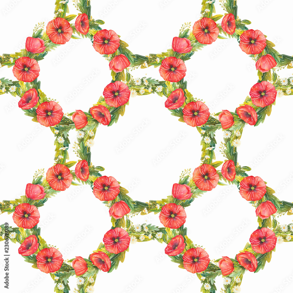 Pattern in the style of watercolor. Beautiful seamless pattern with poppies, camomiles and wild herbs. Can be used as a background template for wallpaper, printing on fabrics, textiles and wedding pri Pattern in the style of watercolor. Beautiful seamless pattern with poppies, camomiles and wild herbs. Can be used as a background template for wallpaper, printing on fabrics, textiles and wedding pri